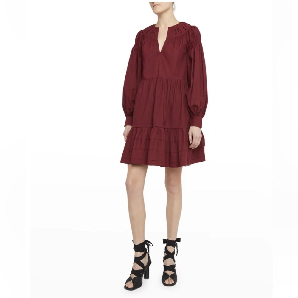 ULLA JOHNSON
Rosa Tiered Poplin Mini Dress in Bordeaux size 2